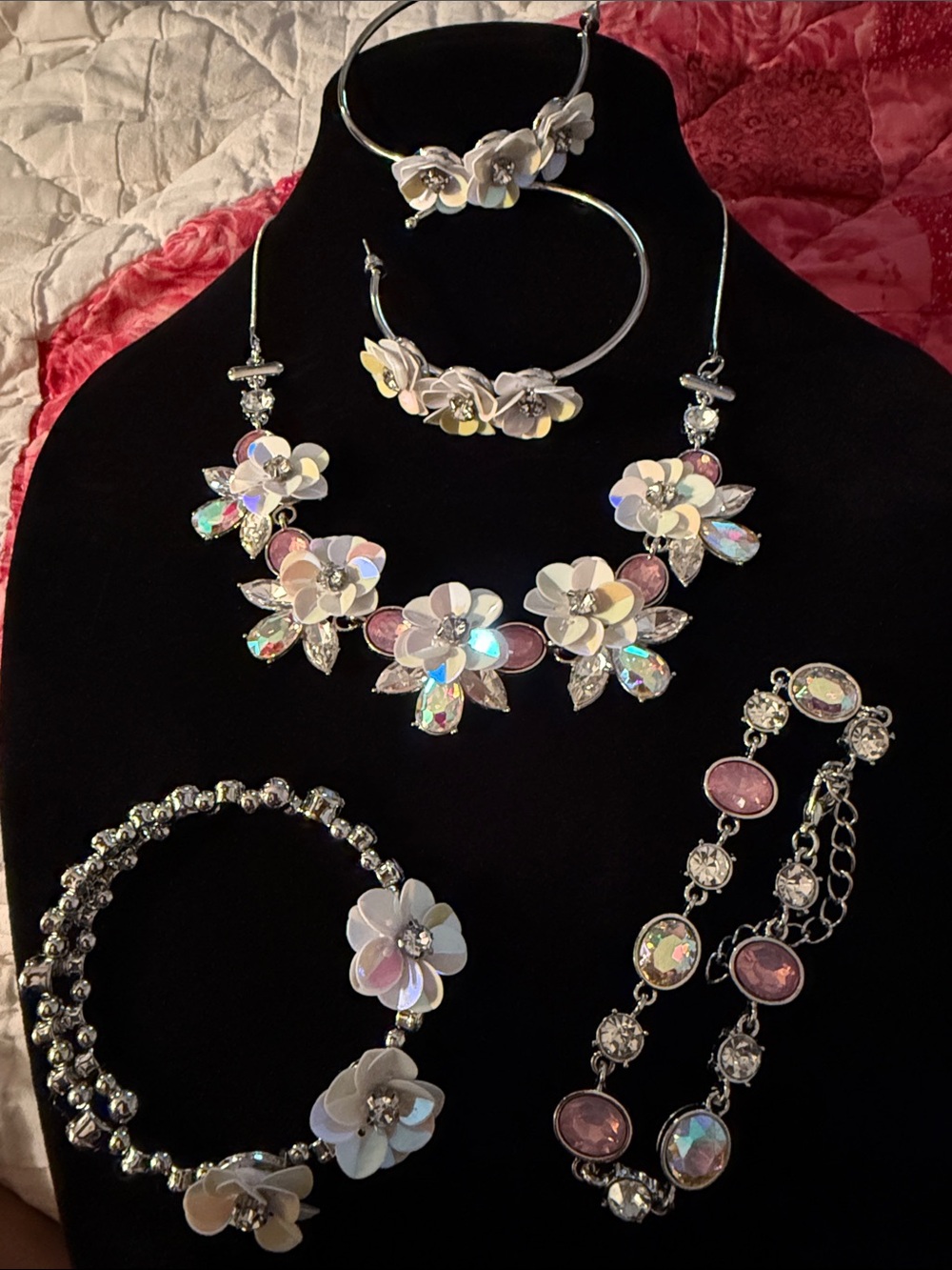 NWT White Iridescent Flowers, pink glitz petals, necklace, 2 bracelets, hoops